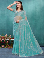 Thumbnail for NOZ2TOZ Women's Organza Turquoise Embellished Designer Saree With Blouse Piece - Distacart