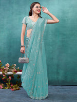Thumbnail for NOZ2TOZ Women's Organza Turquoise Embellished Designer Saree With Blouse Piece - Distacart