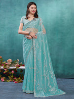 Thumbnail for NOZ2TOZ Women's Organza Turquoise Embellished Designer Saree With Blouse Piece - Distacart