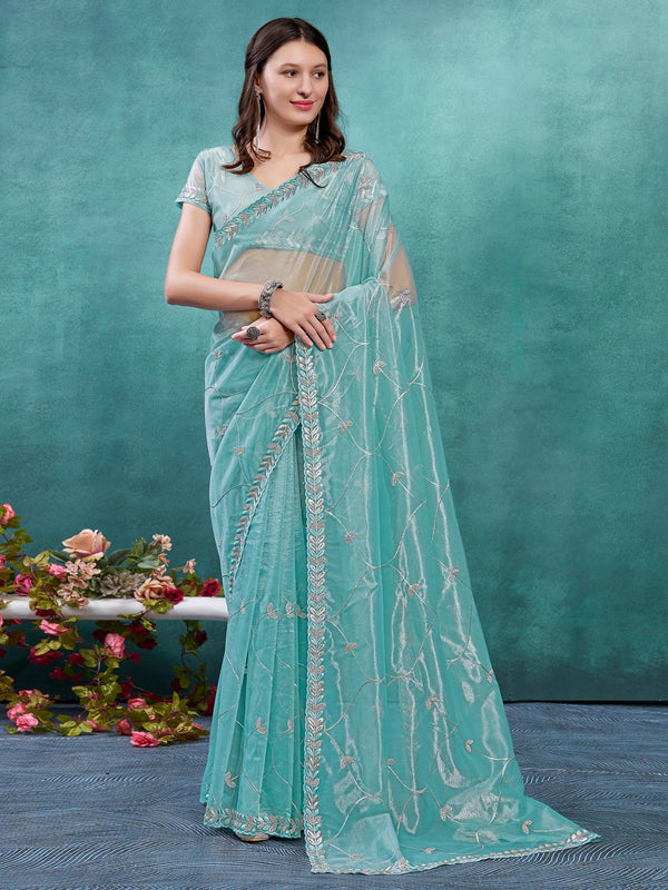 NOZ2TOZ Women's Organza Turquoise Embellished Designer Saree With Blouse Piece - Distacart