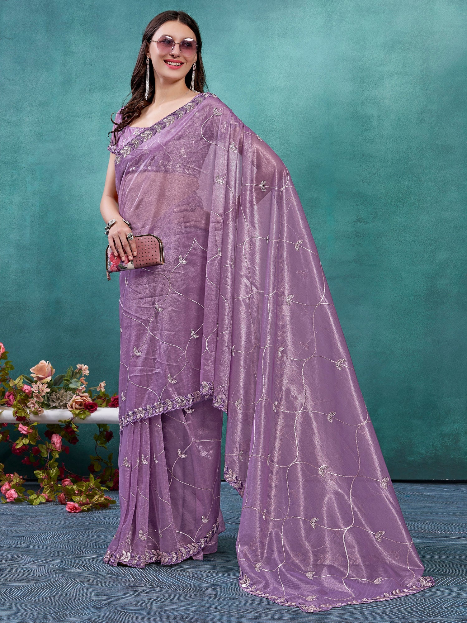 NOZ2TOZ Women's Organza Mauve Embellished Designer Saree With Blouse Piece - Distacart