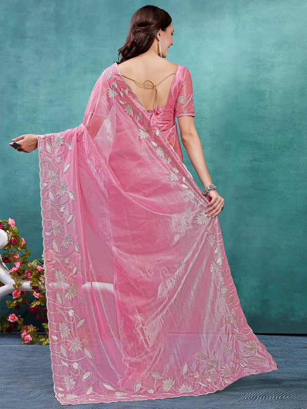 NOZ2TOZ Women's Organza Pink Embellished Designer Saree With Blouse Piece - Distacart