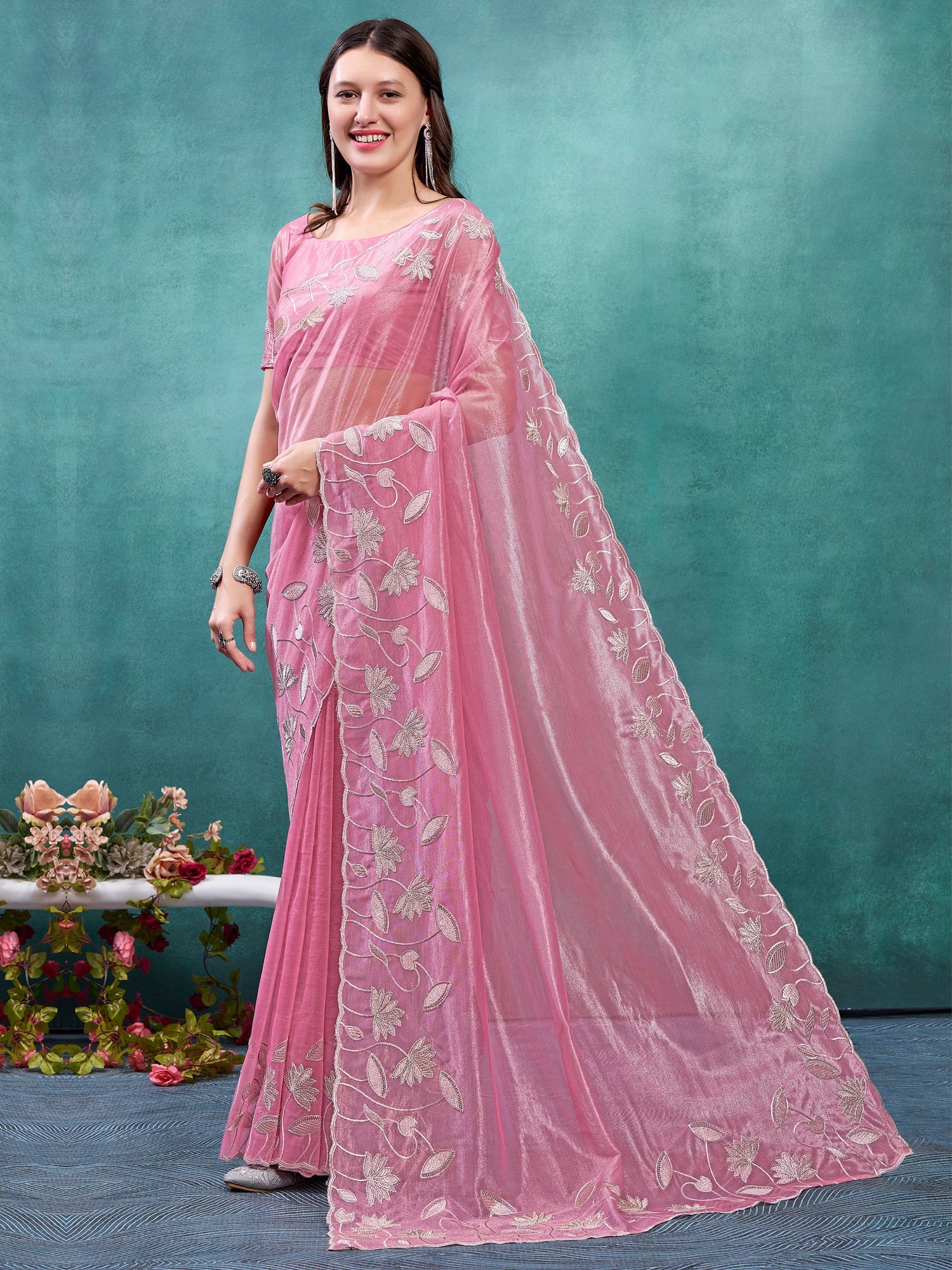 NOZ2TOZ Women's Organza Pink Embellished Designer Saree With Blouse Piece - Distacart