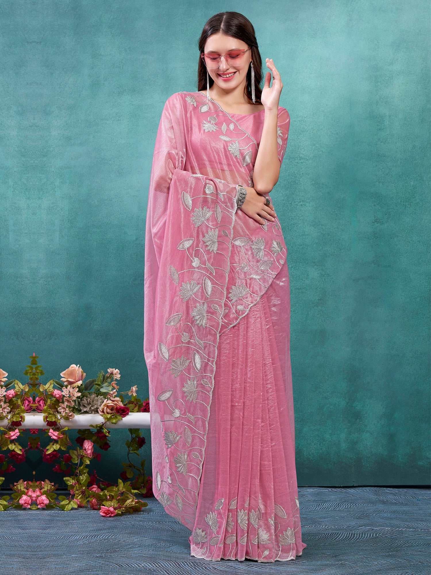 NOZ2TOZ Women's Organza Pink Embellished Designer Saree With Blouse Piece - Distacart