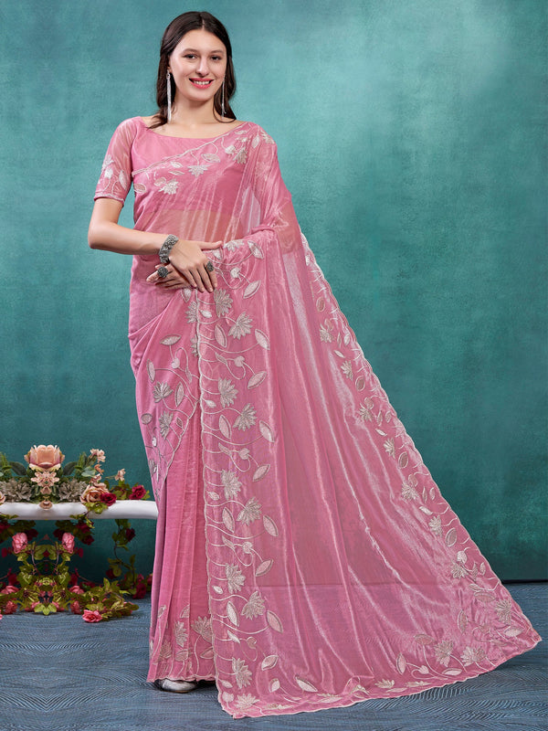 NOZ2TOZ Women's Organza Pink Embellished Designer Saree With Blouse Piece - Distacart