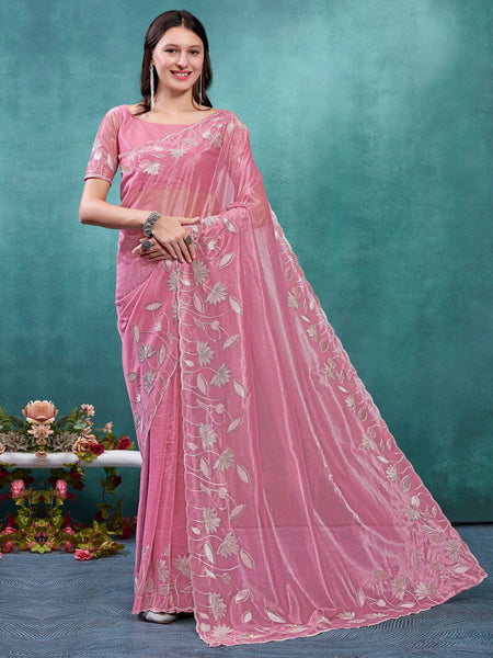 NOZ2TOZ Women's Organza Pink Embellished Designer Saree With Blouse Piece - Distacart