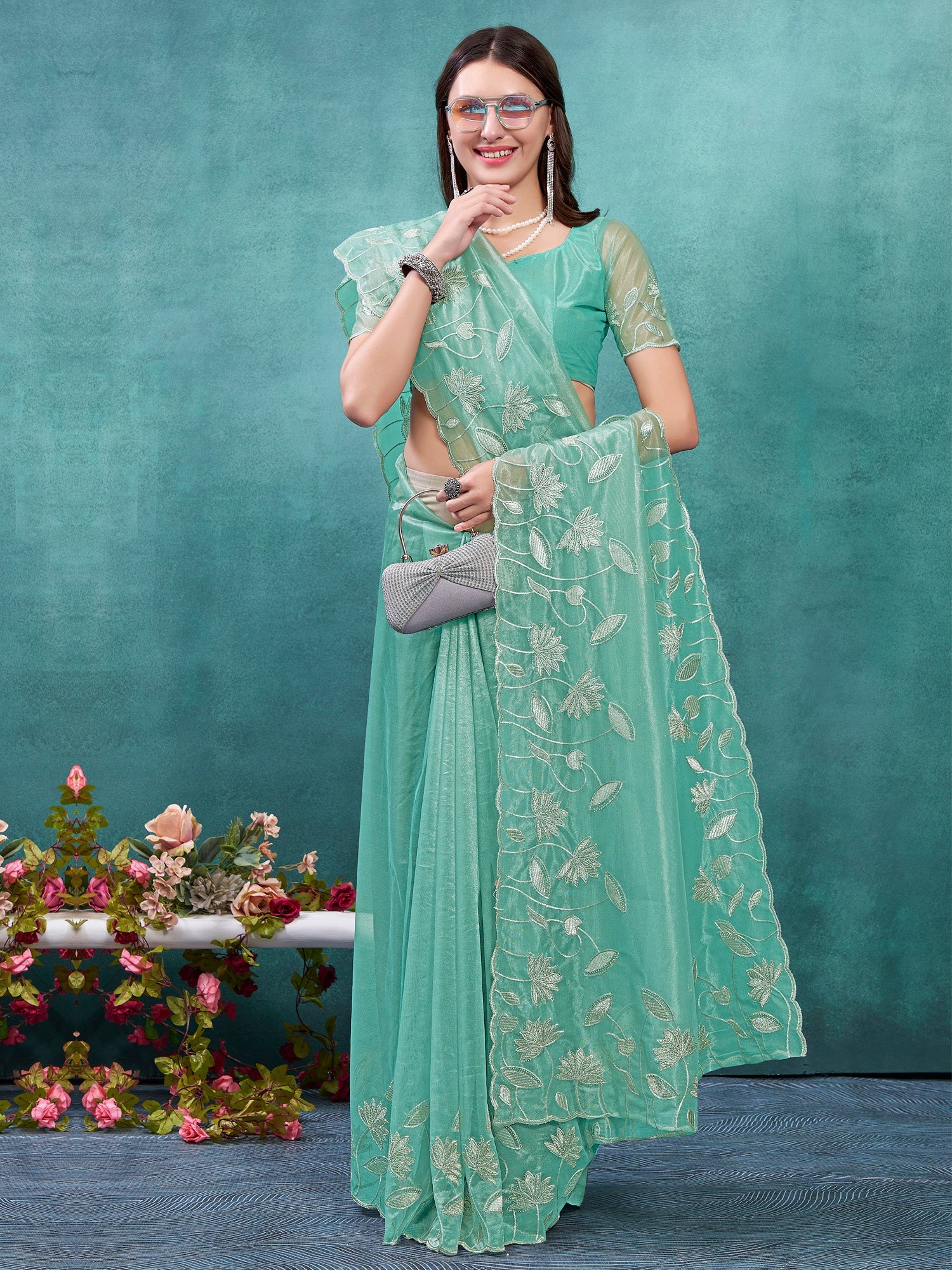 NOZ2TOZ Women's Pure Chiffon Pink Embellished Designer Saree With Blouse Piece - Distacart