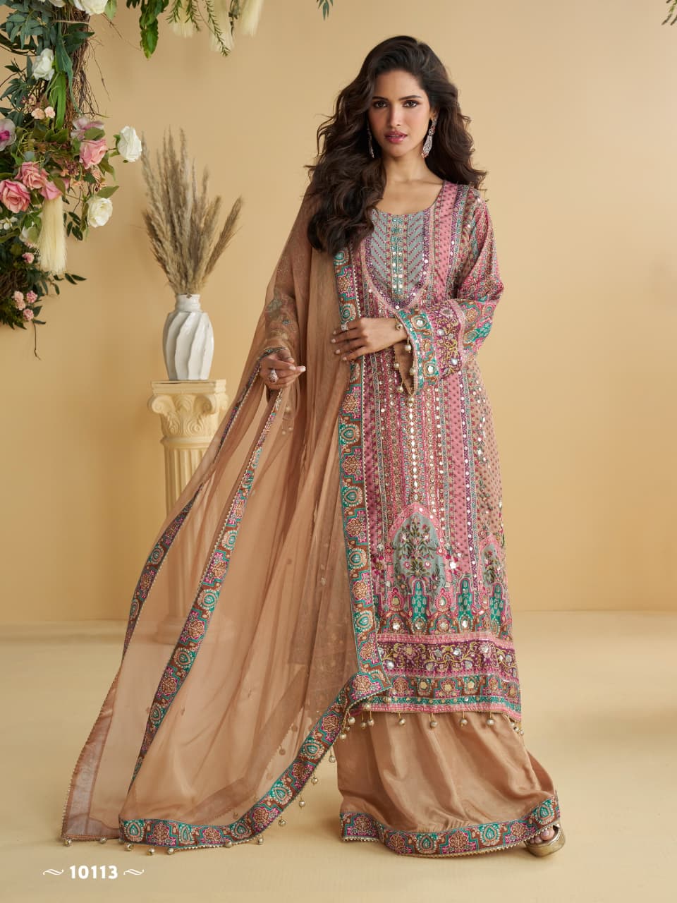 Aarshi Fashions Peach Heavy Crepe Digital Print Palazzo Suits - Distacart
