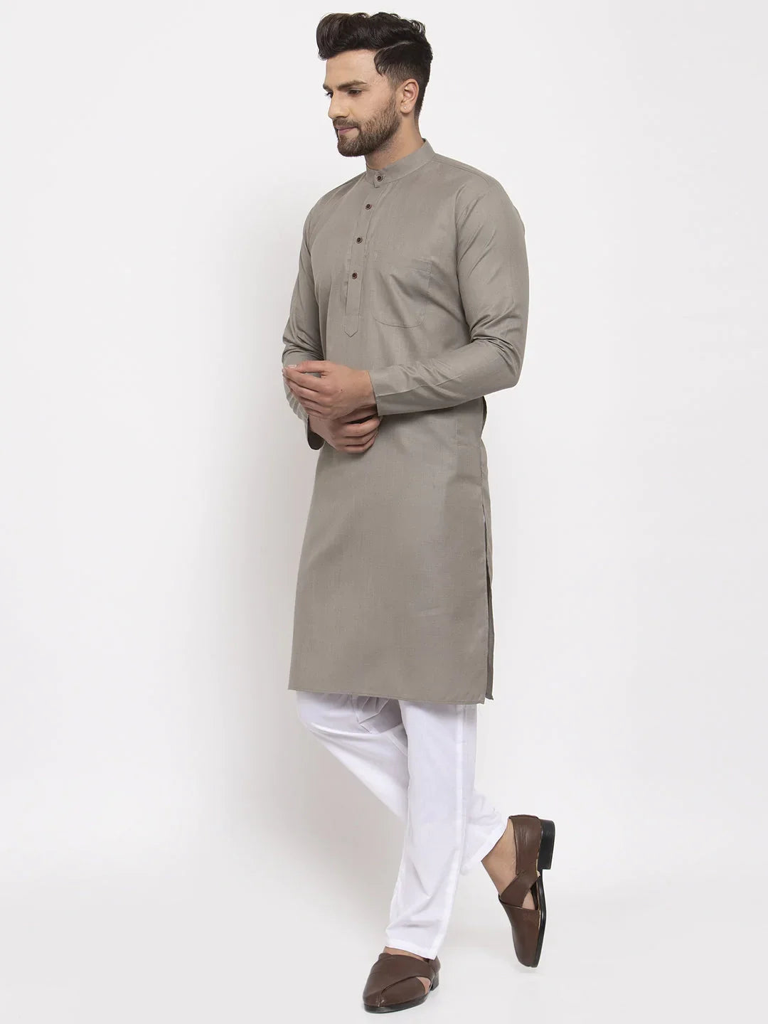 Jompers Men's Grey & White Solid Kurta with Churidar - Distacart