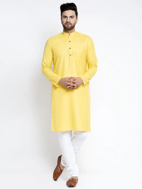 Jompers Men's Lemon & White Solid Kurta with Churidar - Distacart