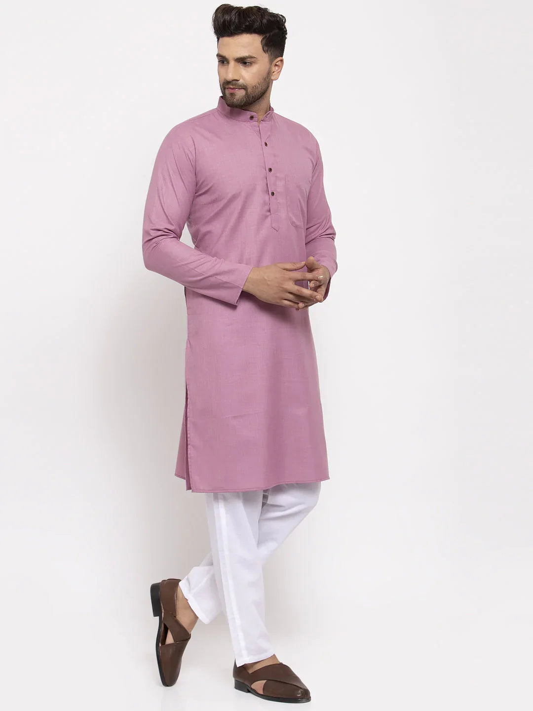 Jompers Men's Magenta Pink & White Solid Kurta with Churidar - Distacart