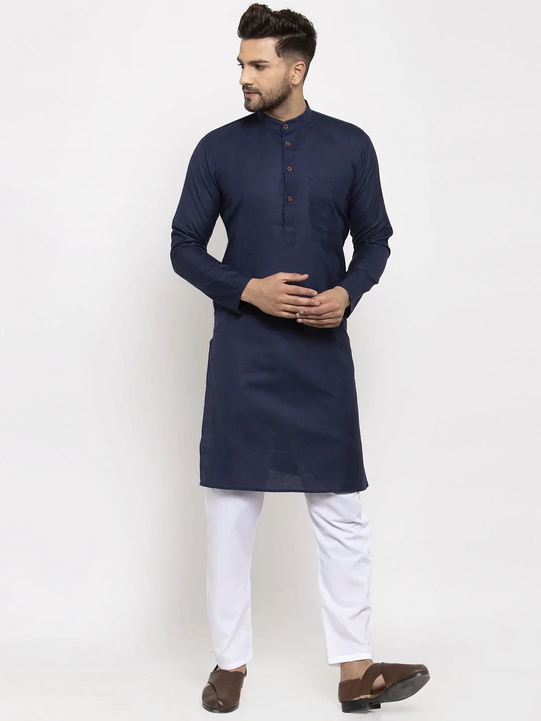 Jompers Men's Navy-Blue & White Solid Kurta with Churidar - Distacart