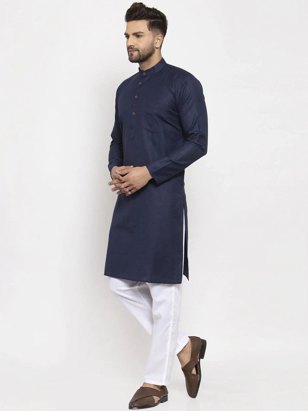 Jompers Men's Navy-Blue & White Solid Kurta with Churidar - Distacart