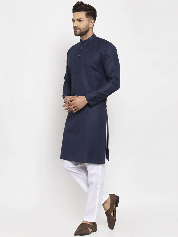 Jompers Men's Navy-Blue & White Solid Kurta with Churidar - Distacart