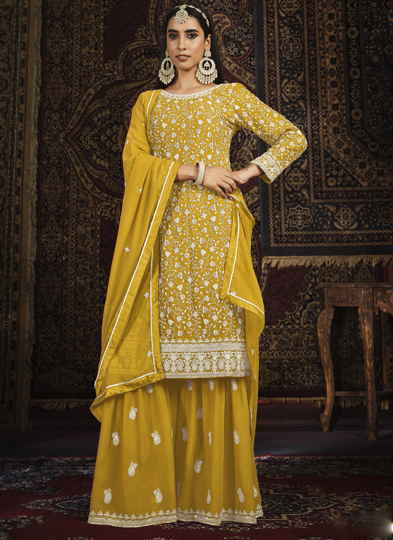Vegaa Fashion Designer Yellow Faux Georgette Sharara Suit - Distacart