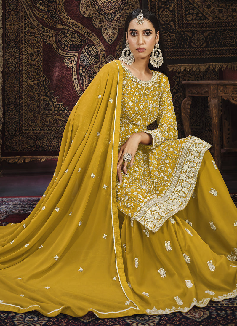 Vegaa Fashion Designer Yellow Faux Georgette Sharara Suit