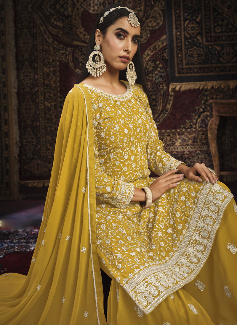 Vegaa Fashion Designer Yellow Faux Georgette Sharara Suit