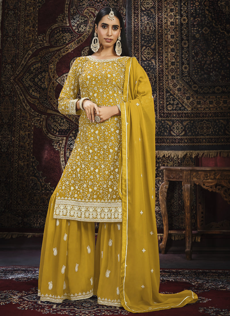 Vegaa Fashion Designer Yellow Faux Georgette Sharara Suit - Distacart