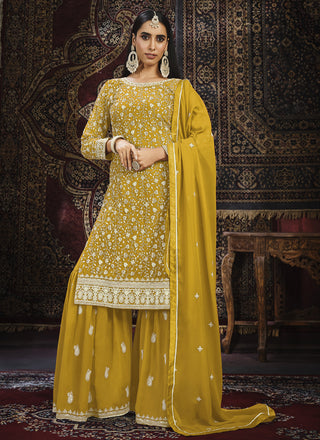 Vegaa Fashion Designer Yellow Faux Georgette Sharara Suit - Distacart