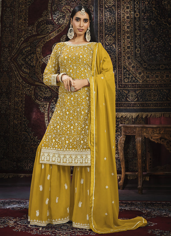 Vegaa Fashion Designer Yellow Faux Georgette Sharara Suit
