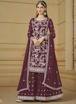 Thumbnail for Vegaa Fashion Designer Wine Faux Georgette Embroidery Sharara Suit