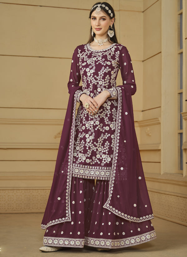 Vegaa Fashion Designer Wine Faux Georgette Embroidery Sharara Suit