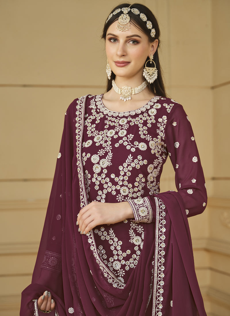 Vegaa Fashion Designer Wine Faux Georgette Embroidery Sharara Suit