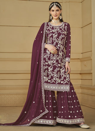 Vegaa Fashion Designer Wine Faux Georgette Embroidery Sharara Suit - Distacart