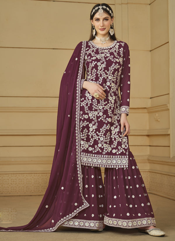 Vegaa Fashion Designer Wine Faux Georgette Embroidery Sharara Suit