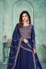 Thumbnail for Anaita Navy Blue Embroidered Art Silk Anarkali Suit - Distacart