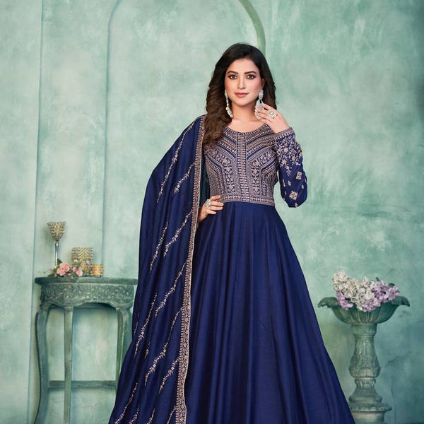 Anaita Navy Blue Embroidered Art Silk Anarkali Suit - Distacart