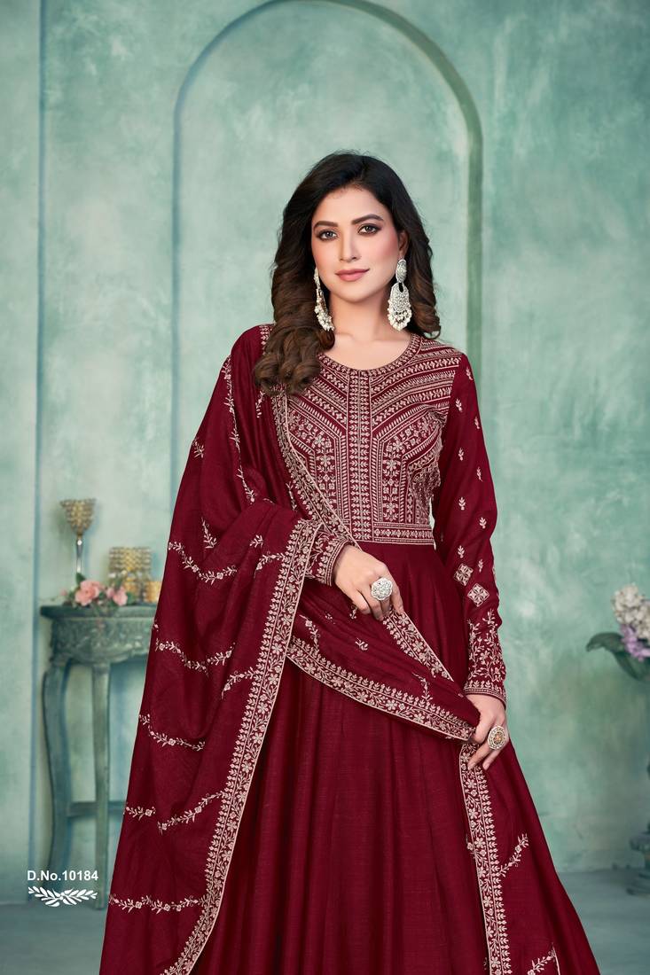 Anaita Maroon Embroidered Art Silk Anarkali Suit - Distacart