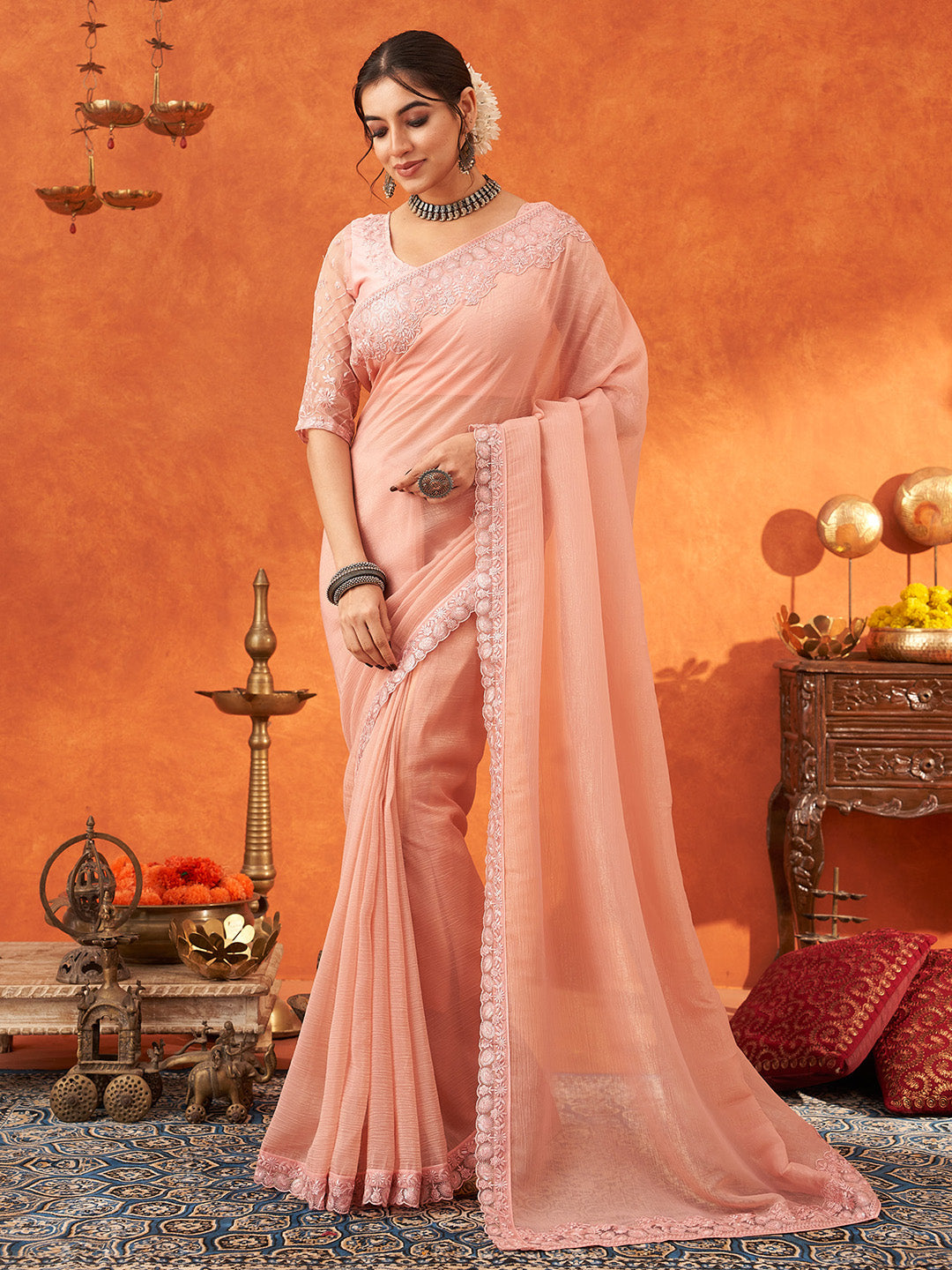 NOZ2TOZ Women's Chiffon Peach Embellished Designer Saree With Blouse Piece - Distacart
