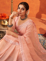 Thumbnail for NOZ2TOZ Women's Chiffon Peach Embellished Designer Saree With Blouse Piece - Distacart