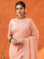 Thumbnail for NOZ2TOZ Women's Chiffon Peach Embellished Designer Saree With Blouse Piece - Distacart