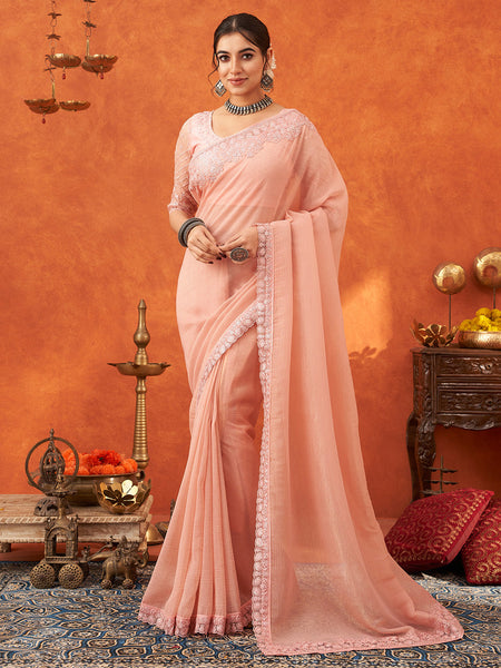 NOZ2TOZ Women's Chiffon Peach Embellished Designer Saree With Blouse Piece - Distacart