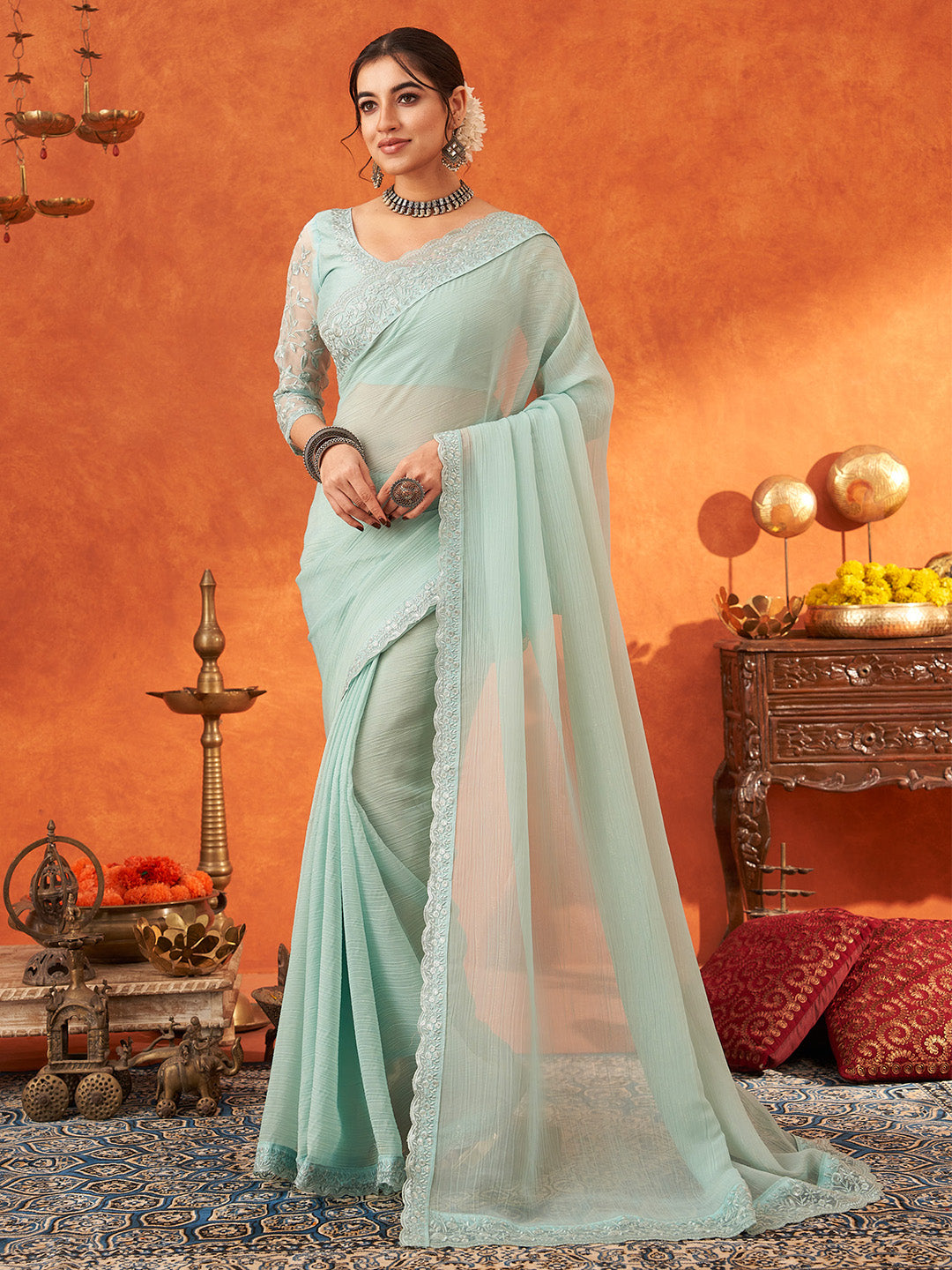 NOZ2TOZ Women's Chiffon Sea Green Embellished Designer Saree With Blouse Piece - Distacart