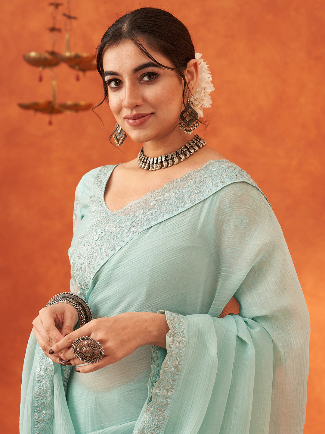 NOZ2TOZ Women's Chiffon Sea Green Embellished Designer Saree With Blouse Piece - Distacart