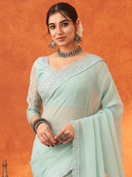 Thumbnail for NOZ2TOZ Women's Chiffon Sea Green Embellished Designer Saree With Blouse Piece - Distacart