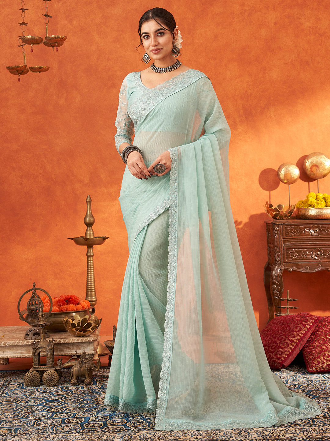 NOZ2TOZ Women's Chiffon Sea Green Embellished Designer Saree With Blouse Piece - Distacart