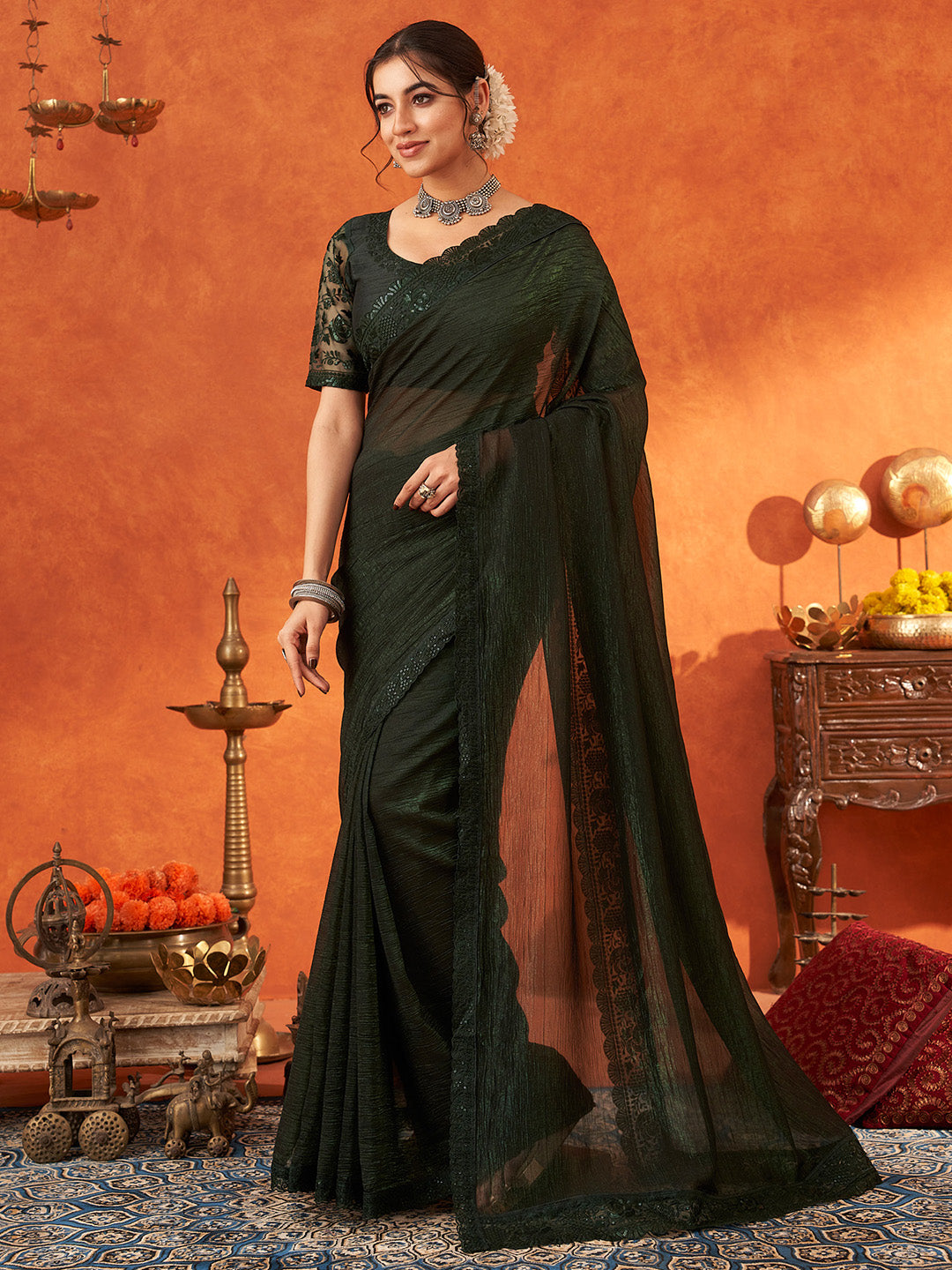 NOZ2TOZ Women's Chiffon Green Embellished Designer Saree With Blouse Piece - Distacart