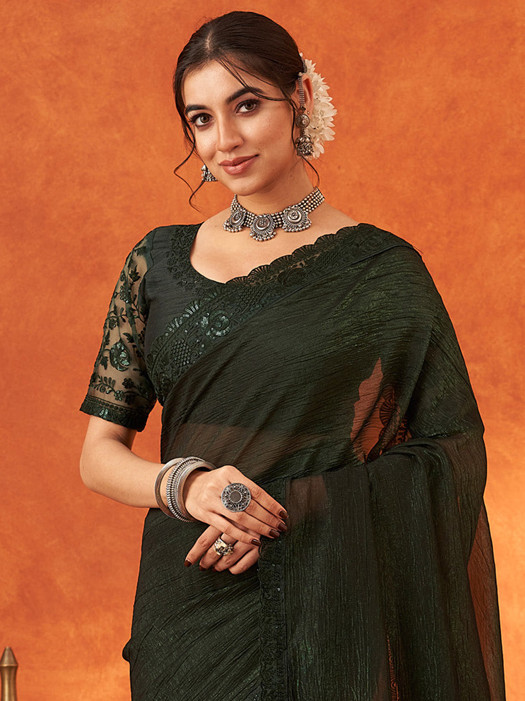 NOZ2TOZ Women's Chiffon Green Embellished Designer Saree With Blouse Piece - Distacart