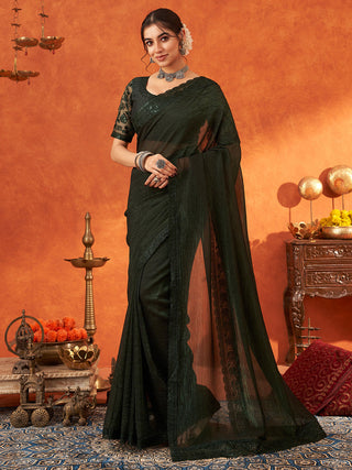 NOZ2TOZ Women's Chiffon Green Embellished Designer Saree With Blouse Piece - Distacart