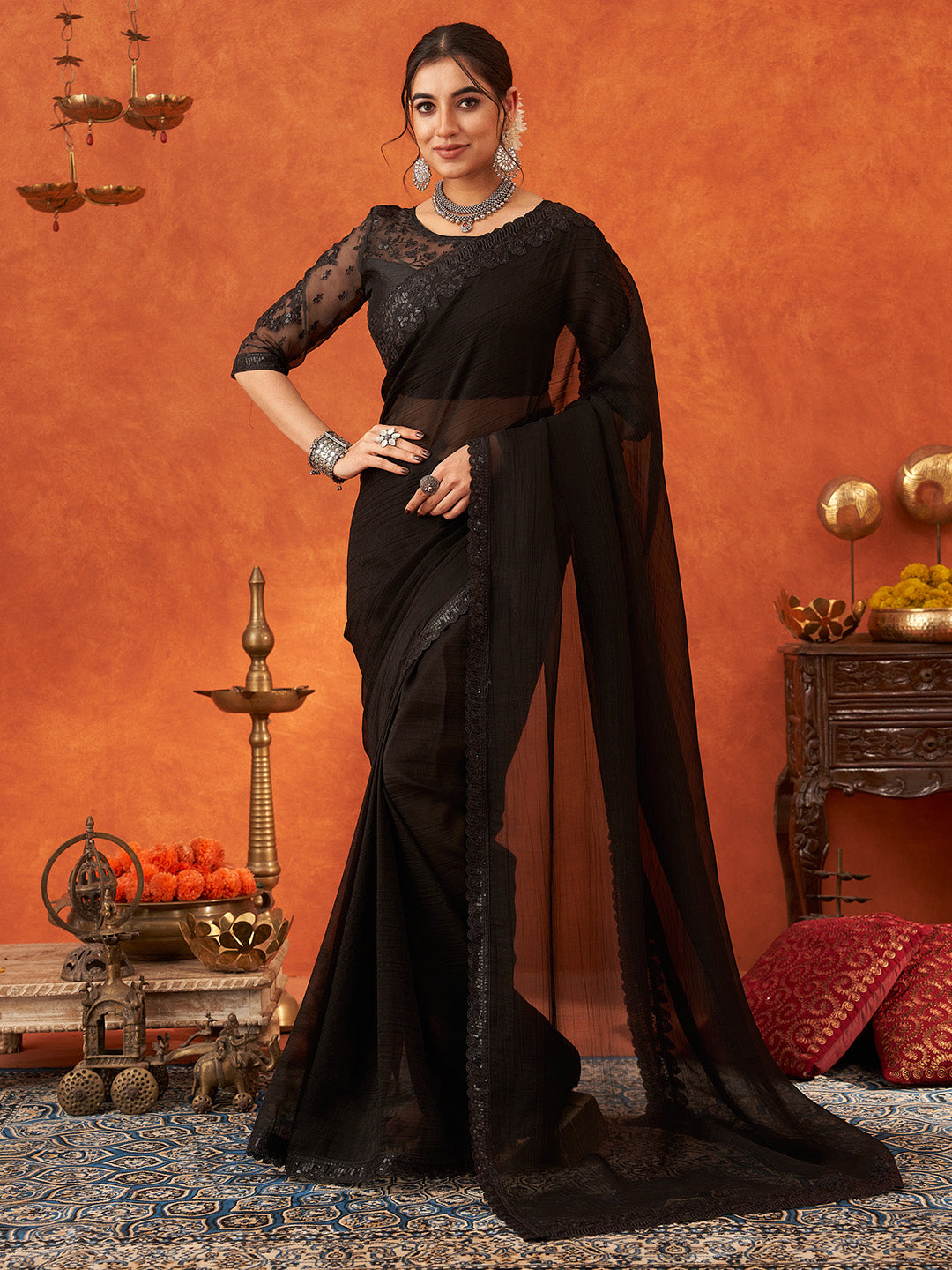 NOZ2TOZ Women's Chiffon Black Embellished Designer Saree With Blouse Piece - Distacart