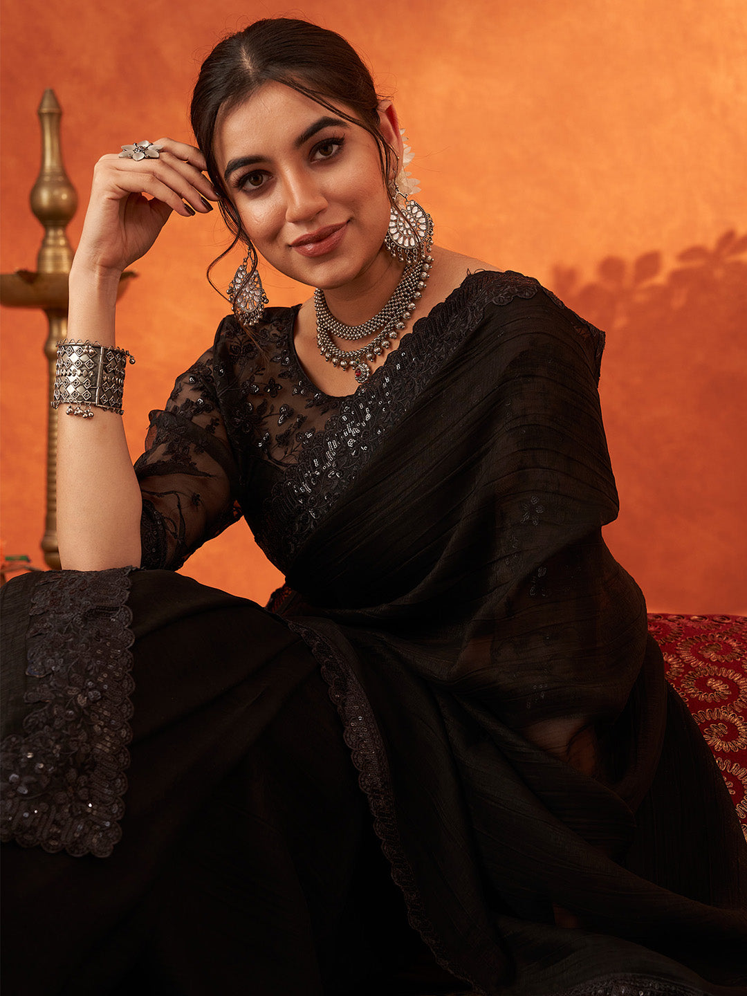 NOZ2TOZ Women's Chiffon Black Embellished Designer Saree With Blouse Piece - Distacart