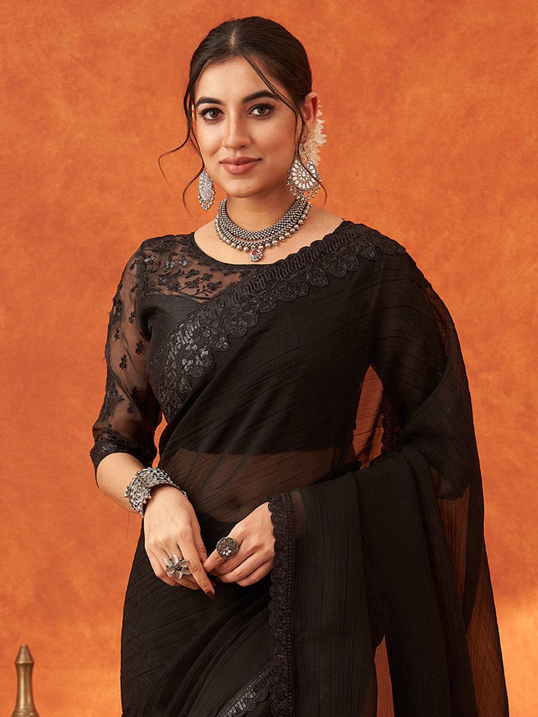 NOZ2TOZ Women's Chiffon Black Embellished Designer Saree With Blouse Piece - Distacart