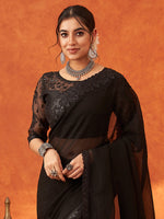 Thumbnail for NOZ2TOZ Women's Chiffon Black Embellished Designer Saree With Blouse Piece - Distacart