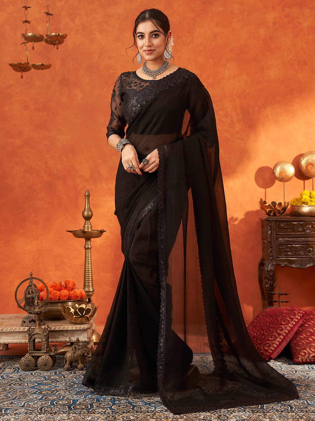 NOZ2TOZ Women's Chiffon Black Embellished Designer Saree With Blouse Piece - Distacart