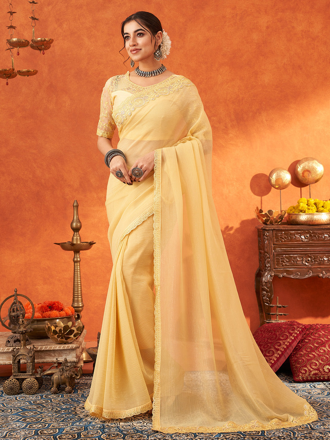 NOZ2TOZ Women's Chiffon Yellow Embellished Designer Saree With Blouse Piece - Distacart