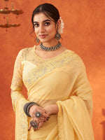Thumbnail for NOZ2TOZ Women's Chiffon Yellow Embellished Designer Saree With Blouse Piece - Distacart